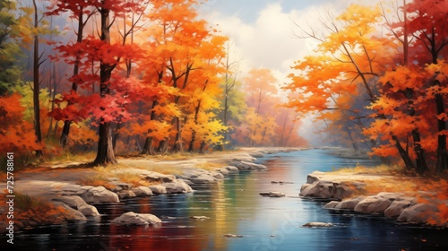  Picturesque scenes of vibrant autumn foliage lining the banks of a meandering river, creating a stunning tapestry of colors