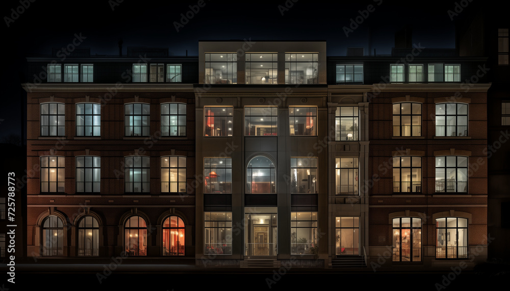 A residential apartment building at night with lights on in the windows