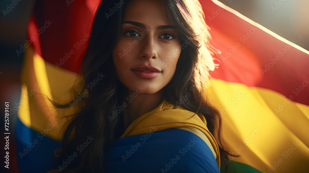portrait of a woman wrapped in a flag of columbia