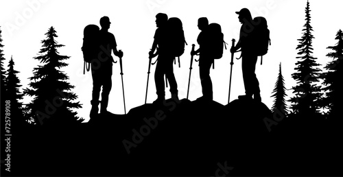 Hiking silhouette vector. Adventure silhouette vector. Mountain hiking silhouette. People with backpack vector silhouettes. Hiking group. AI generated illustration.