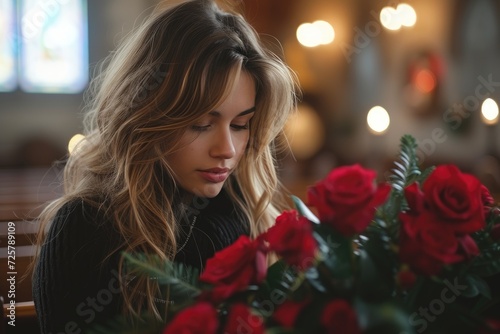 A woman's face lights up with joy as she admires a bouquet of vibrant red roses, her long hair framing her in a beautiful floral design