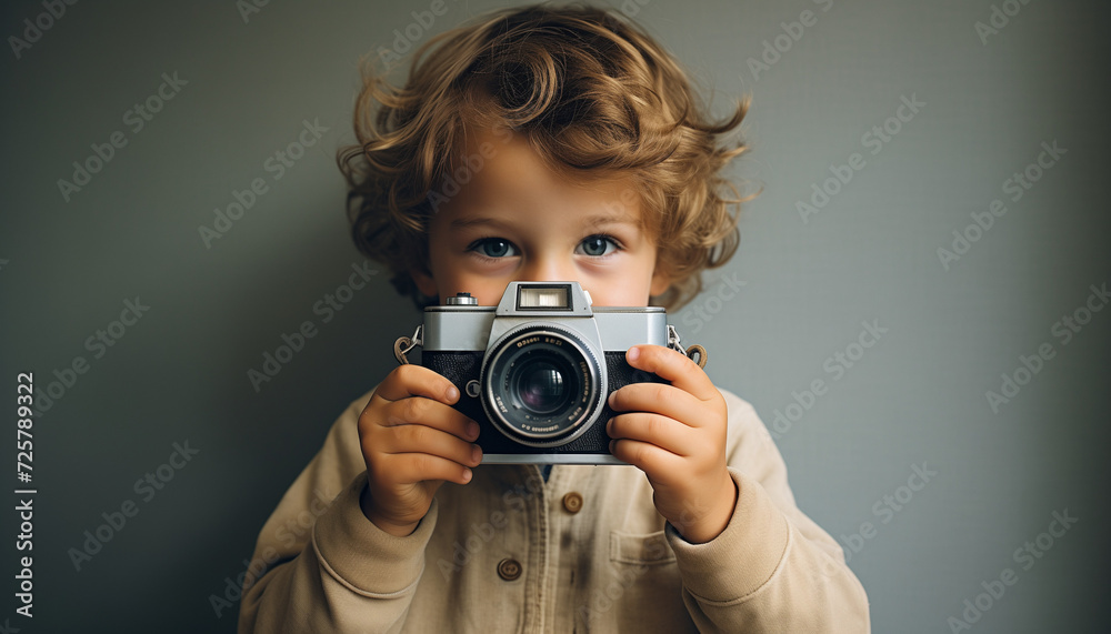A young boy playing with an analogue camera and taking a picture A young boy playing with an analogue camera and taking a picture