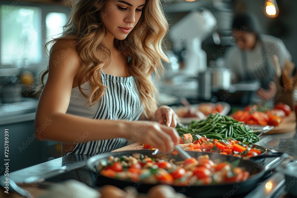 A focused woman in her kitchen, dressed in casual clothing, expertly prepares a delicious vegetable dish while the aroma of fast food fills the cozy indoor space