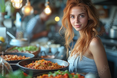 A young woman indulges in a quick meal at an indoor table  her human face adorned with a content smile as she savors the fast food while dressed in stylish clothing