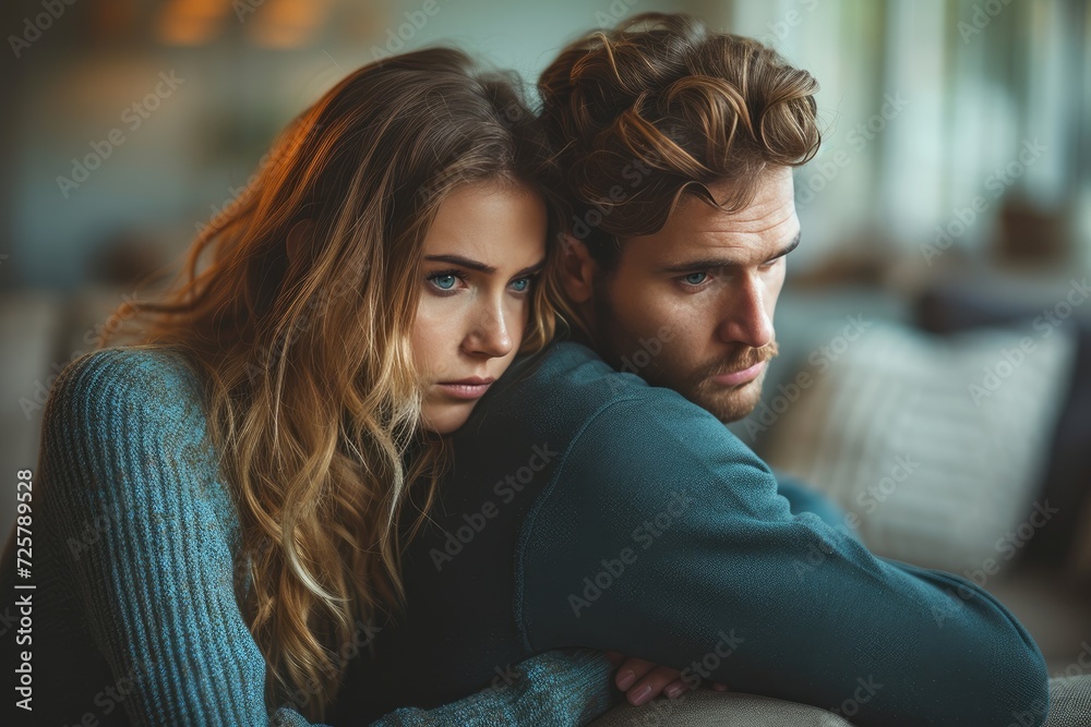 A couple's intimate moment captured on a cozy couch, as the woman's flowing brown locks frame her face and their intertwined hands speak of love and connection A couple's intimate moment captured on a cozy couch, as the woman's flowing brown locks frame her face and their intertwined hands speak of love and connection