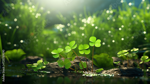 3D illustration featuring green clovers  evoking a sense of luck and freshness. Generative AI