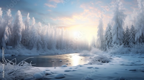 Winter scenes capturing the glistening frost on pine trees, creating a serene and magical atmosphere