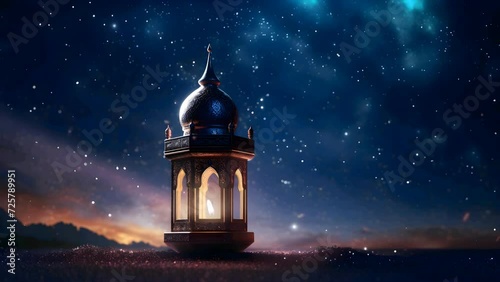 Arabic lantern with a background of falling meteors in the middle of the night sky photo