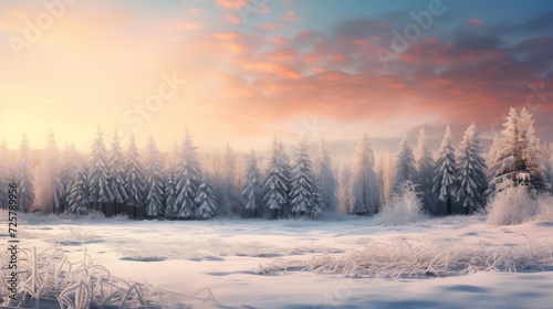 Winter scenes capturing the glistening frost on pine trees  creating a serene and magical atmosphere