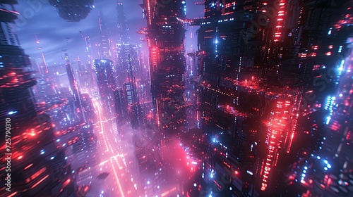 Ai Illustration of a cybernetic futuristic city as a technology science fiction background with purple and blue neon lights aerial view