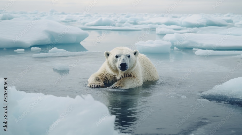 A polar bear in a river with snow floes in the Arctic. The problem of ecology and the consequences of climate change, warming temperatures.