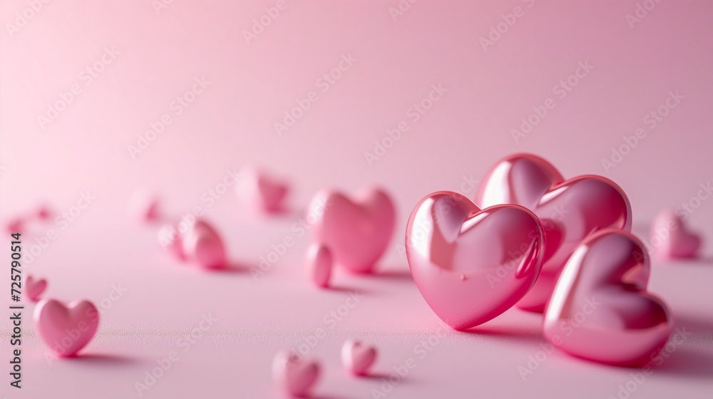 Valentines day pink banner with cute shiny 3D hearts. Love template background.