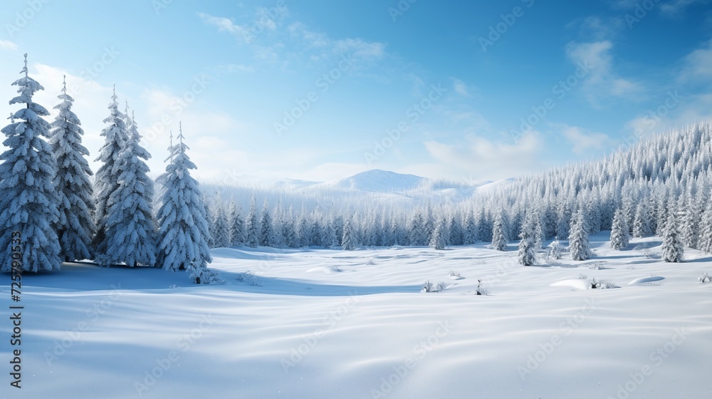 Fototapeta premium A winter landscape featuring snow-covered evergreen trees, with a pristine blanket of snow