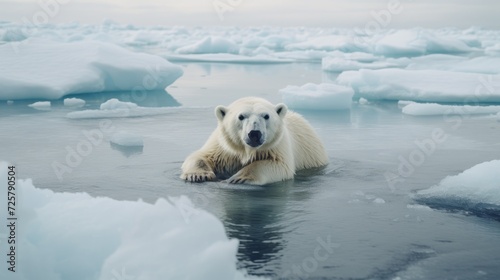 A polar bear in a river with snow floes in the Arctic. The problem of ecology and the consequences of climate change, warming temperatures.