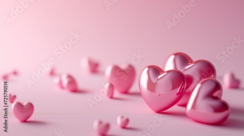 Valentines day pink banner with cute shiny 3D hearts. Love template background. © Ekaterina Chemakina