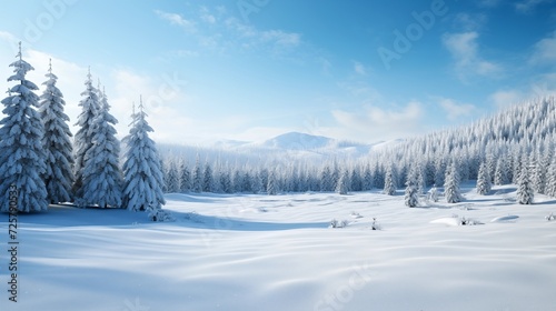 A winter landscape featuring snow-covered evergreen trees, with a pristine blanket of snow
