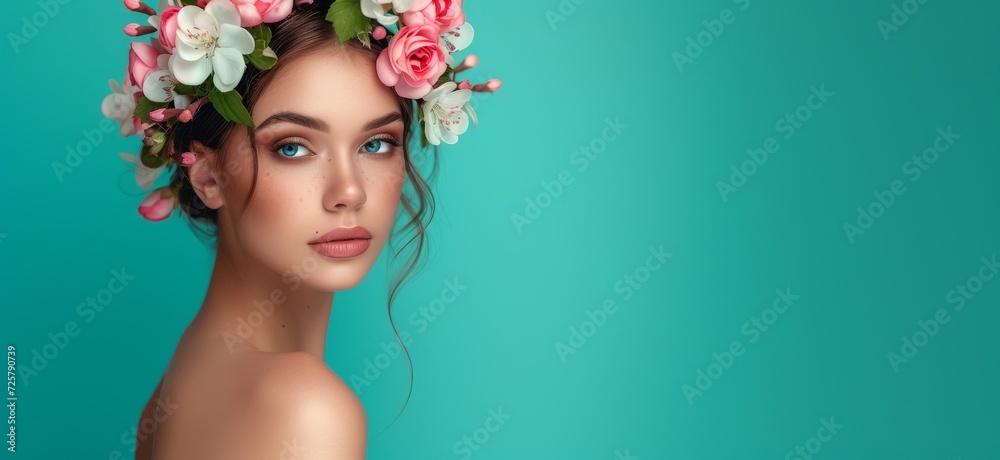 Portrait of a young woman with spring flowers in hairstyle against a teal background, with copy space