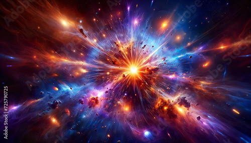 An explosive, vibrant cosmic event, possibly a supernova, depicted with intense colors and dynamic motion, portraying the vast energy of the universe.Background concept. AI generated.