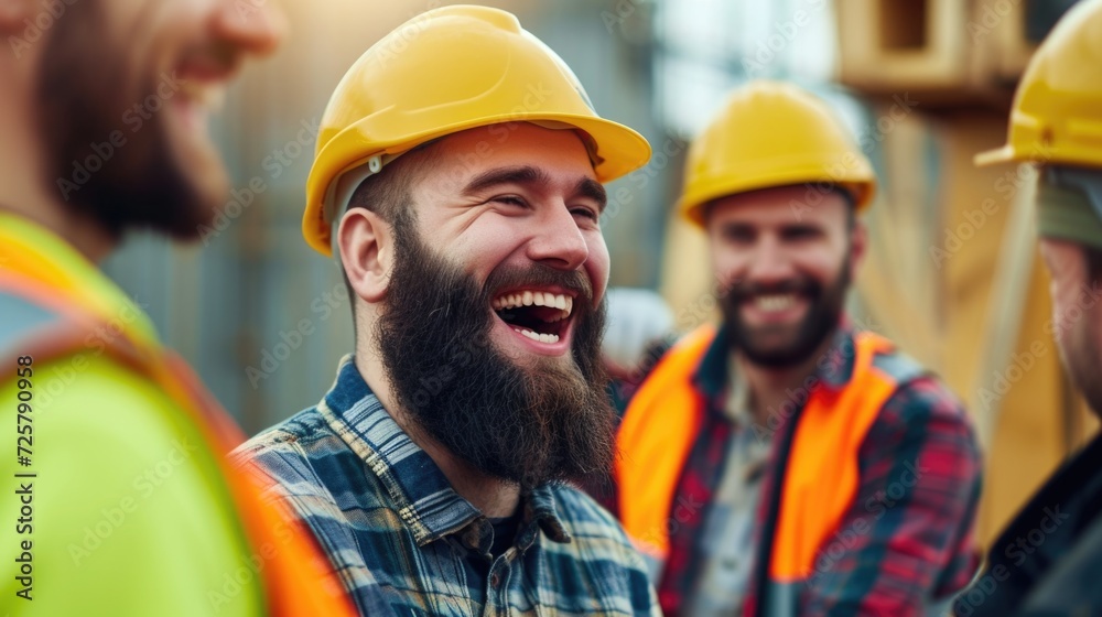 Joyful Construction Workers Laughing and Conversing on Site Joyful Construction Workers Laughing and Conversing on Site
