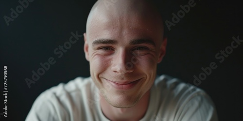 A close-up photograph of a person with a bald head. This image can be used to depict concepts such as baldness, confidence, identity, or aging