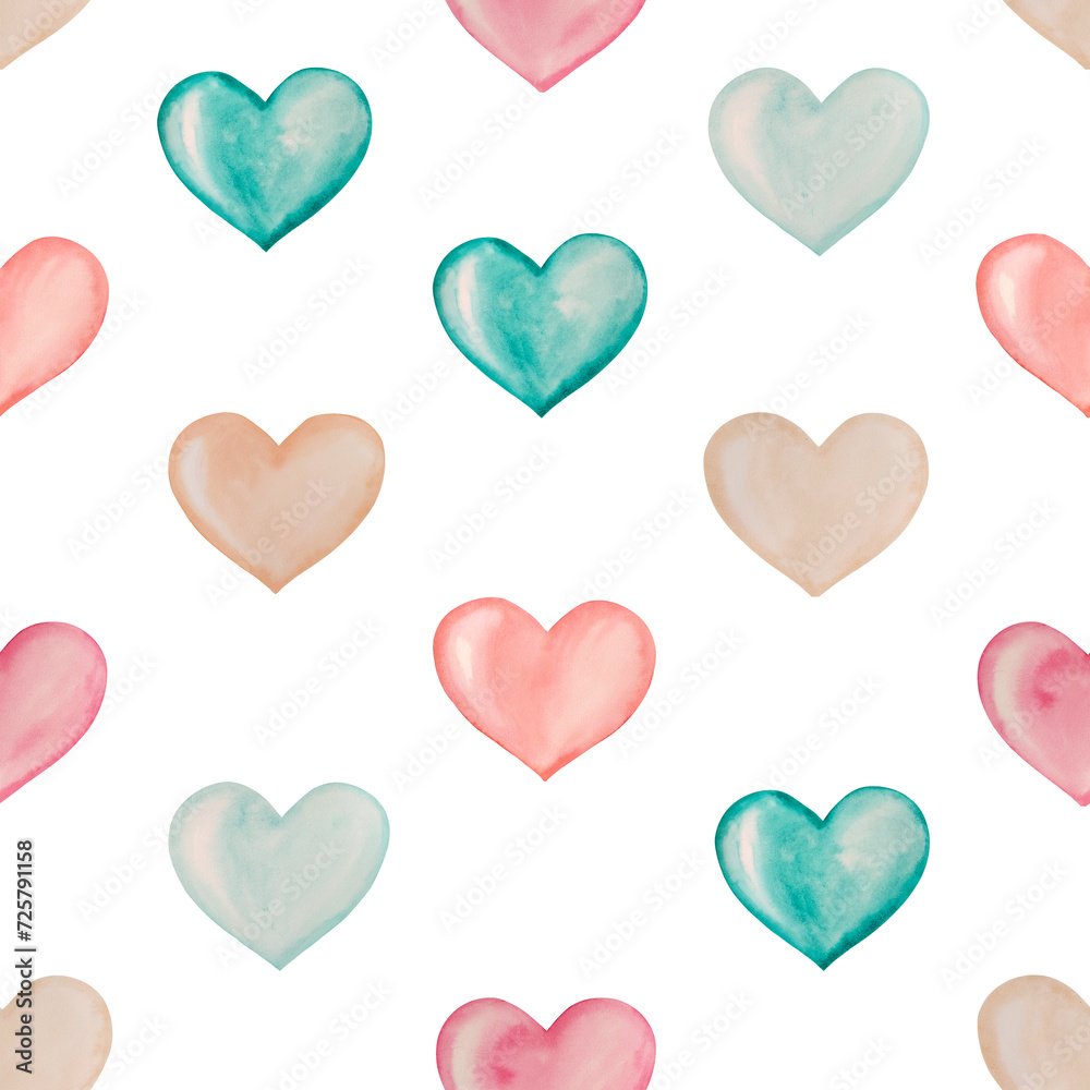 Watercolor seamless colored pattern hearts, Valentine's day, love, hand painted on paper, white background, for design, packaging, invitation, backgrounds, postcards, wrapping paper, scrapbooking