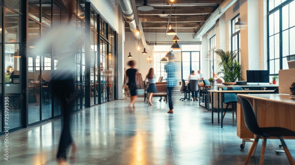Dynamic Office Life with Employees Walking in a Modern Workspace Dynamic Office Life with Employees Walking in a Modern Workspace