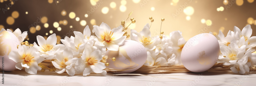 Golden and white Easter eggs with delicate flowers and bokeh lights banner. Panoramic web header. Wide screen wallpaper Golden and white Easter eggs with delicate flowers and bokeh lights banner. Panoramic web header. Wide screen wallpaper