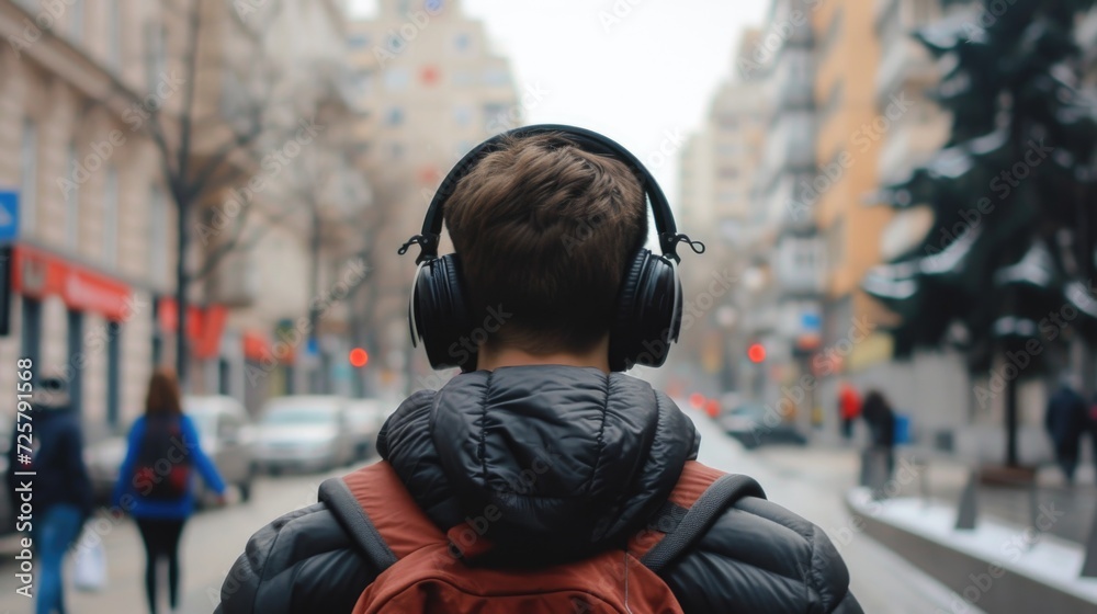 A person is seen walking down the street while wearing headphones. This image can be used to depict urban lifestyle or the enjoyment of music while on the go