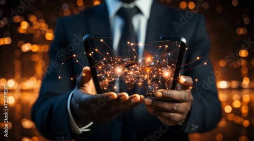 Photo technology innovation concept with holding tablet in hands and bulbs that shine glitter