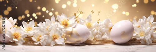 Golden and white Easter eggs with delicate flowers and bokeh lights banner. Panoramic web header. Wide screen wallpaper
