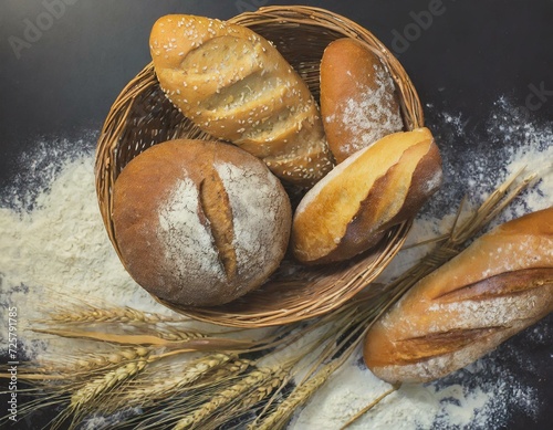 Grupo de pães. Farinha e trigo. Visão do topo. Visão de cima. Cesto de pães. photo