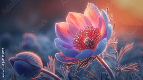 AI generated illustration of a flower in winter field during sunset