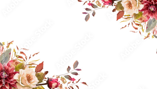watercolor illustration of Autumn floral corner border with dahlia, rose and eucalyptus leaves.  photo