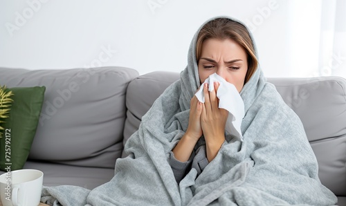 A woman sitting on a couch sneezing her nose
