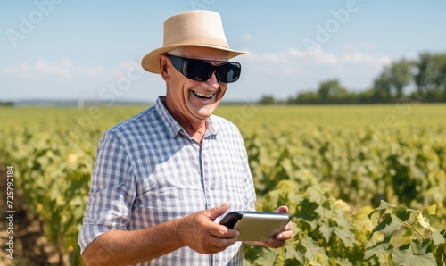 A man standing in a field looking at his cell phone