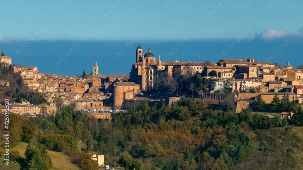 Fototapeta premium Aerial view of Urbino, the capital of the province of Pesaro and Urbino in the Marche, Italy. It was an important city in the Italian Renaissance and its historic center is a world heritage site.