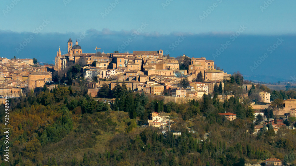 Aerial view of Urbino, the capital of the province of Pesaro and Urbino in the Marche, Italy. It was an important city in the Italian Renaissance and its historic center is a world heritage site.