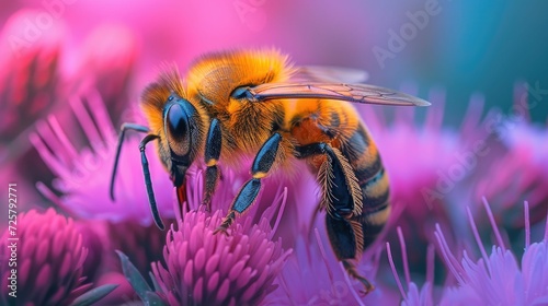 Bee, Close-up, Flower, Texture, Detail: Macro Marvel: Bee's Fuzzy Body & Intricate Wings on Flower