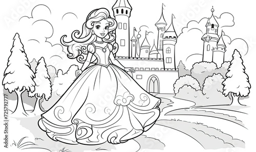 A girl in a princess dress in front of a castle