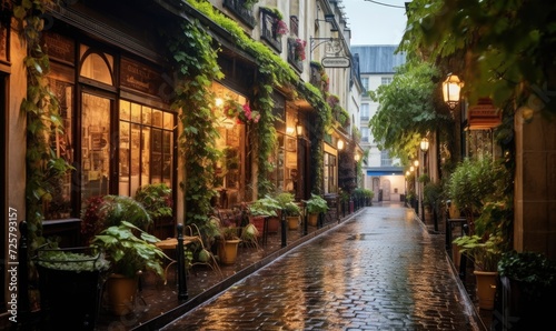 A cobblestone street lined with potted plants © uhdenis