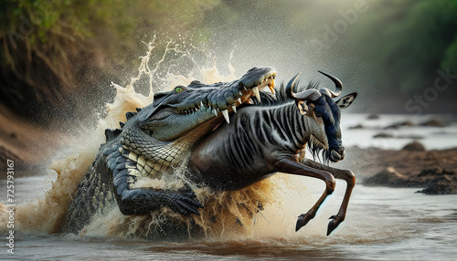 A dramatic wildlife scene showing a crocodile attacking a wildebeest at the water's edge, capturing the rawness of nature's survival battle. Animal behavior concept. AI generated. photo