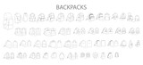 Huge set of backpacks silhouette bags. Fashion accessory technical illustration. Vector schoolbag front 3-4 view for Men, women, unisex style, flat handbag CAD mockup sketch outline isolated