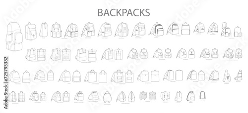Huge set of backpacks silhouette bags. Fashion accessory technical illustration. Vector schoolbag front 3-4 view for Men, women, unisex style, flat handbag CAD mockup sketch outline isolated