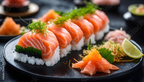Close up of juicy nigiri sushi on granit plate