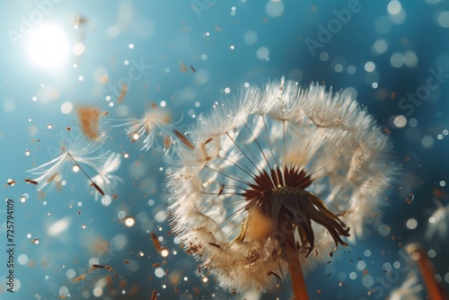 Dandelion with seeds blowing in the wind. Perfect for nature and seasons-themed designs © Fotograf