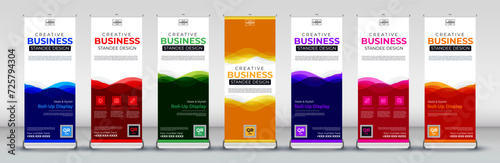 Roll up banner vertical design for events, brochure, flyer, infographics, x banner and flag banner advertising in blue, red, green, yellow, purple, pink and orange