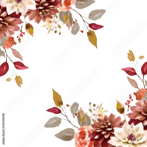 watercolor illustration of Autumn floral corner border with dahlia, rose and eucalyptus leaves. 