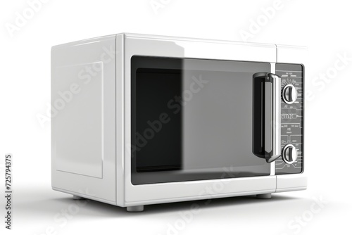 A white microwave oven sits on top of a counter. Perfect for modern kitchens and convenient cooking