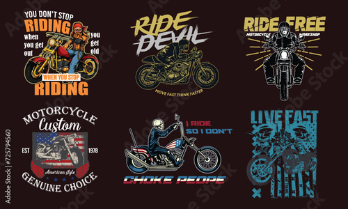 Motorcycle t-shirt graphics. Skull rider with pistons, horned demon. Racer community emblem. Biker vintage apparel print. Vector