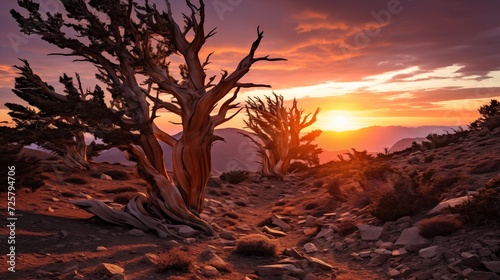 Bristlecone pine trees, some of the oldest living organisms, illuminated by a warm sunset
